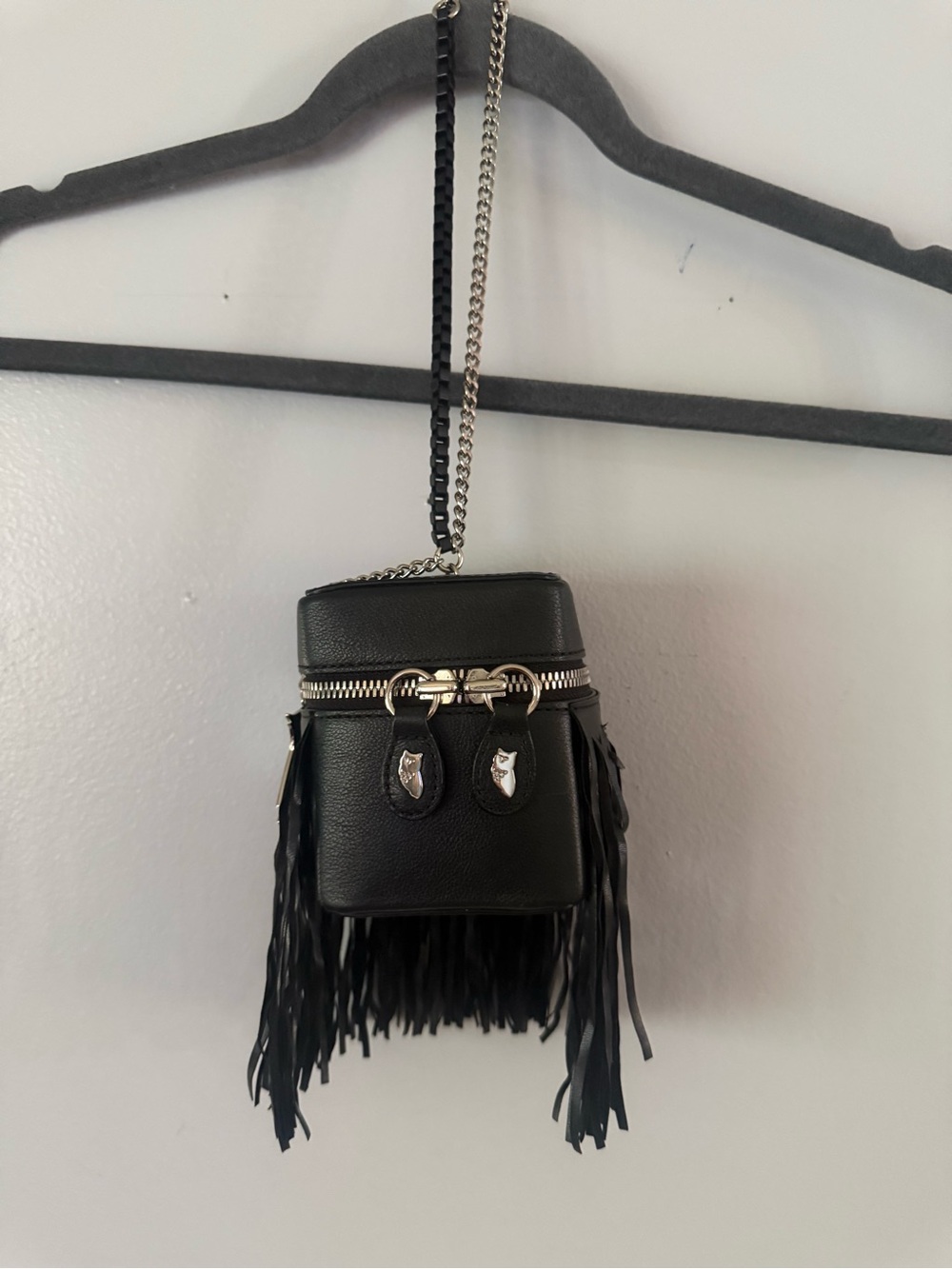 Lucky Chouette Black Leather Mini Fringe Crossbody Bag Y2K Punk Boho Vanity Case
